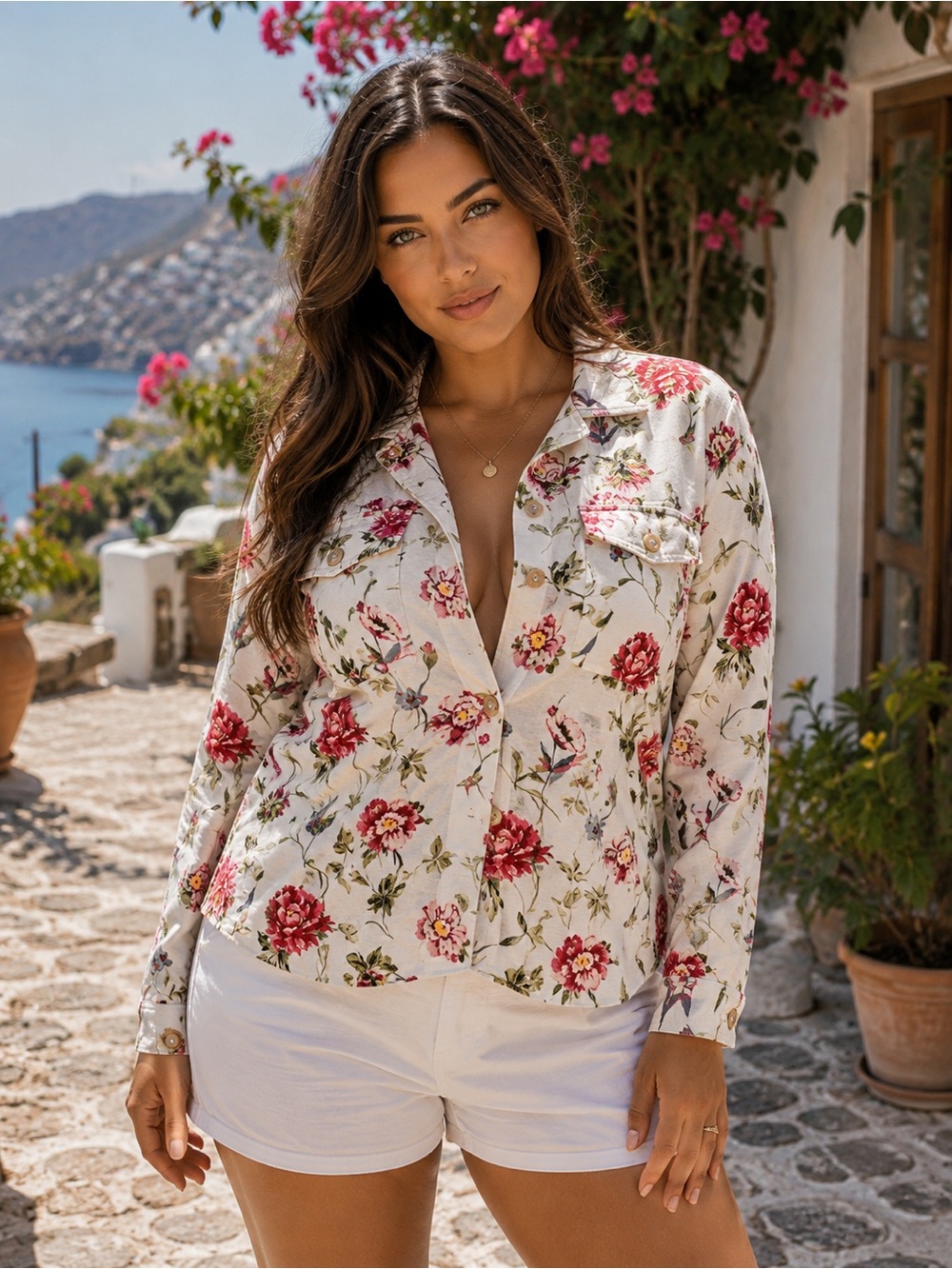 🔵Tahari Cream Floral Button-Up Blazer with Red Blooms